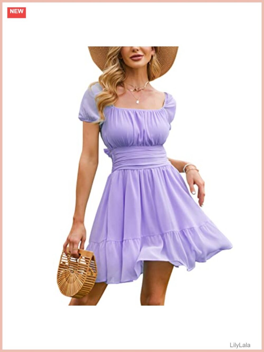 Womens Chiffon Mini Dress Square Neck Puff Sleeve Smocked Tie Back